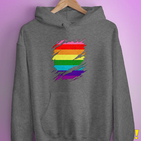 Original Gilbert Baker LGBTQ Gay Pride Flag Ripped Reveal Hoodie - Grey Heather
